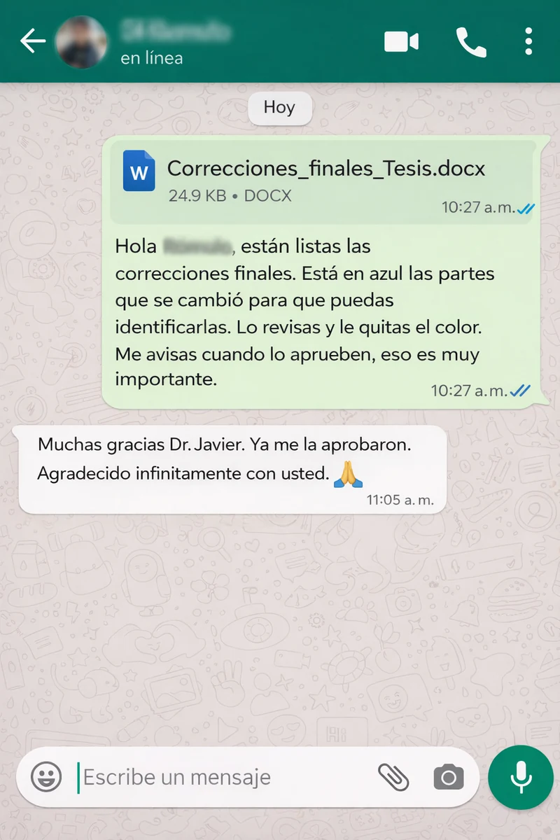 Estudiante agradece a CAPCENTER tras la aprobación de las correcciones finales de su tesis